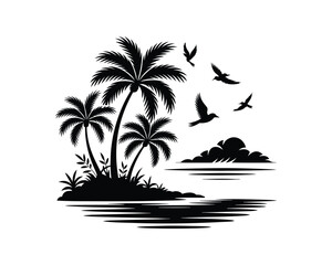 Serene Beach Sunset with Palm Trees and Birds Vector
