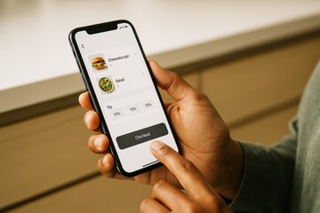 Person using smartphone food delivery app to order cheeseburger and salad in warm light background showing digital checkout concept screen. Ai generative