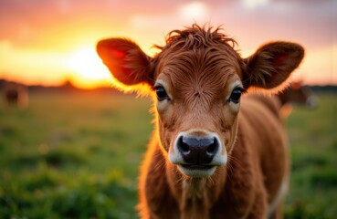 A young calf standing in a grassy field during sunset with warm lighting and a clear sky