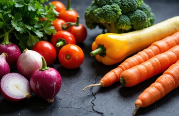 Fresh vegetables including cherry tomatoes, bell peppers, carrots, broccoli, and onions arranged on a dark surface