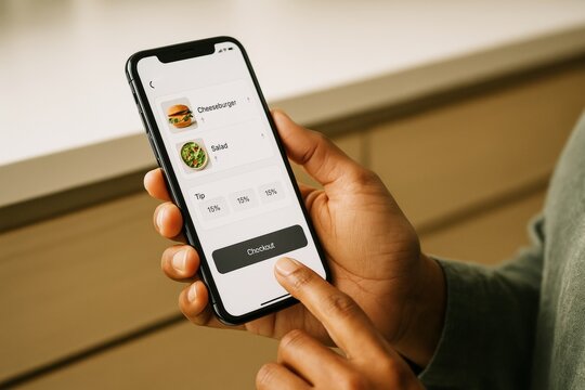 Person using smartphone food delivery app to order cheeseburger and salad in warm light background showing digital checkout concept screen. Ai generative