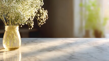 A delicate bouquet of small, white flowers sits in a clear, golden-toned glass vase on a polished white marble surface, bathed in soft sunlight.