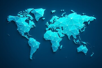 Abstract glowing polygonal world map composed of interconnected triangular shapes on a dark blue background with bright light effects and depth shadows. Ai generative