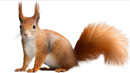 Squirrel on a white background a real photo A fullbody portrait of a red squirrel with a fluffy tail and long ears standing sideways The cute redheaded fores