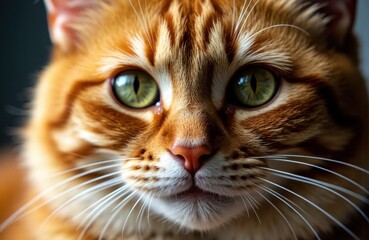 Close-up of an orange tabby cat with green eyes looking directly at the camera