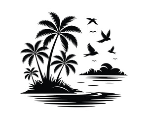 Minimalist Tropical Seascape with Palms and Seagulls

