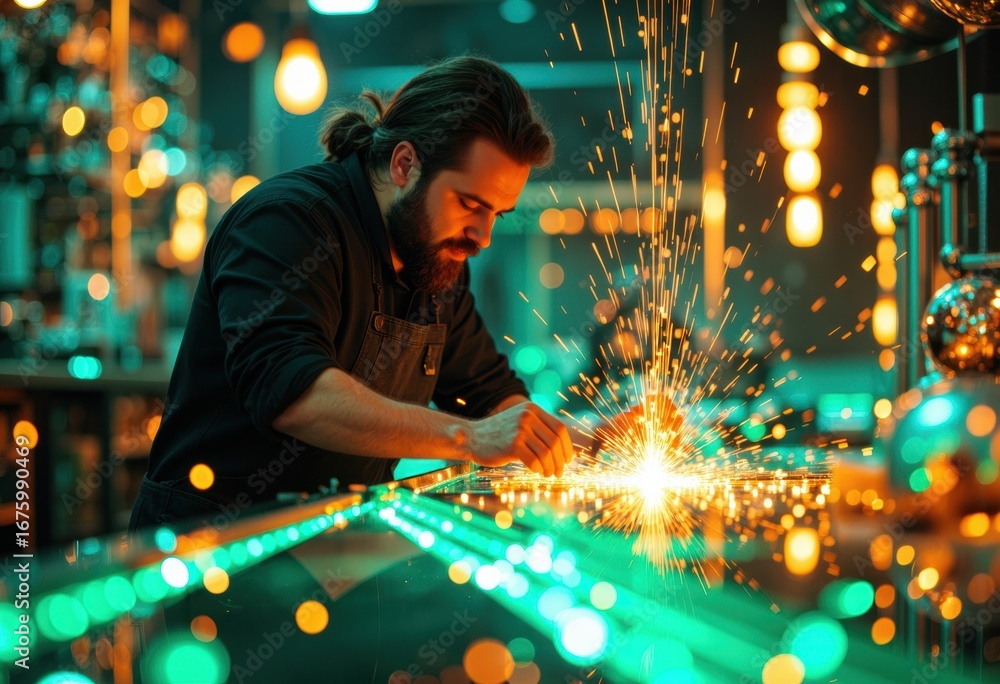 Poster a man welding metal creates sparks in a vibrant workshop setting with warm lighting and colorful bok