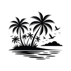 Tropical Island with Palm Trees and Flying Birds Vector Illustration
