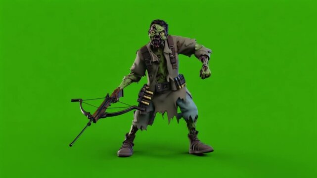 Zombie character holding a crossbow standing on a green screen background in full view shot green screen halloween zombie video