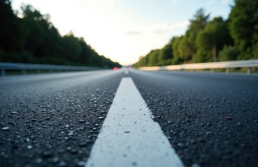 Fototapeta premium A straight road with a white lane marking extending into the distance under a partly cloudy sky