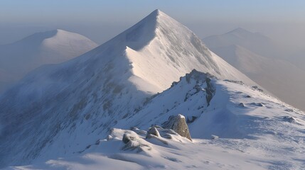 A high-angle, tranquil view of snow-capped mountain peaks, showcasing a dramatic ridge line and serene, pale light.