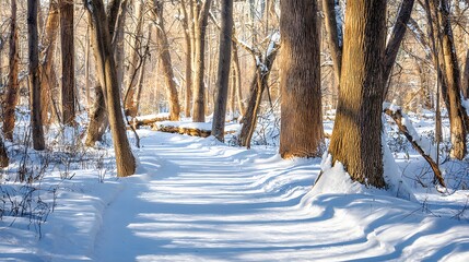 Sun-drenched winter woodland path, snow-covered forest floor, long shadows accentuate the trees.