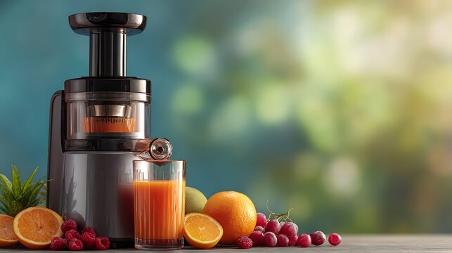 Closeup shot of a modern juicer with fresh fruits and vegetables, a glass of juice, and a blurred background, perfect for a healthy lifestyle - Powered by Adobe