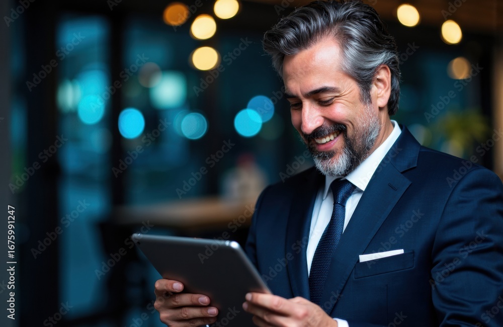 Poster man in formal suit smiling while using a tablet in a modern indoor setting