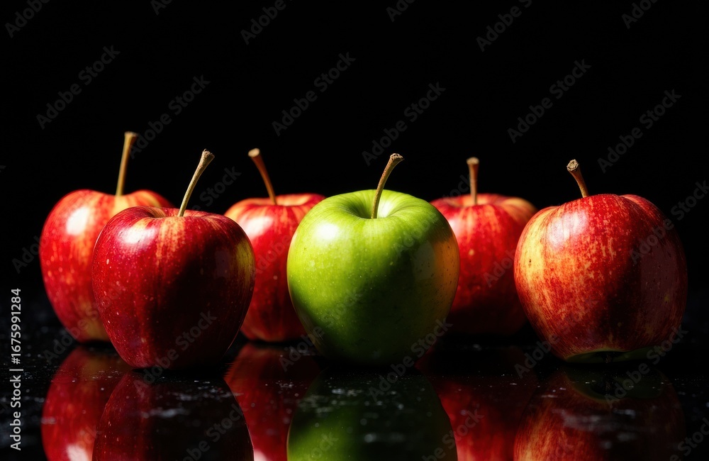 Poster fresh apples arranged in a row with one green apple standing out among red apples on a reflective bl
