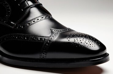 Close-up of a polished black leather dress shoe with brogue detailing on a neutral background