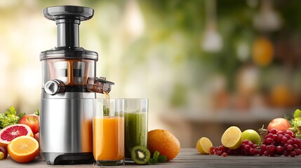 A modern juicer with fresh fruits and vegetables, glasses of juice, and a blurred background, showcasing a healthy lifestyle and vibrant colors