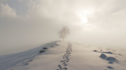 A lone tree stands sentinel on a snow-dusted hilltop, bathed in soft light, as a trail of footprints winds through the ethereal fog.
