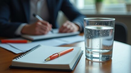 Fototapeta premium Writing notes and staying hydrated in a modern office setting indoor business context focused viewpoint