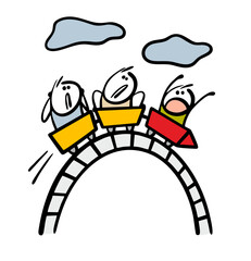 High slide, a dangerous amusement park attraction. Vector illustration of people at the top in the clouds shouting, raising their hands and being afraid to go down at speed. Roller coaster, deadly n