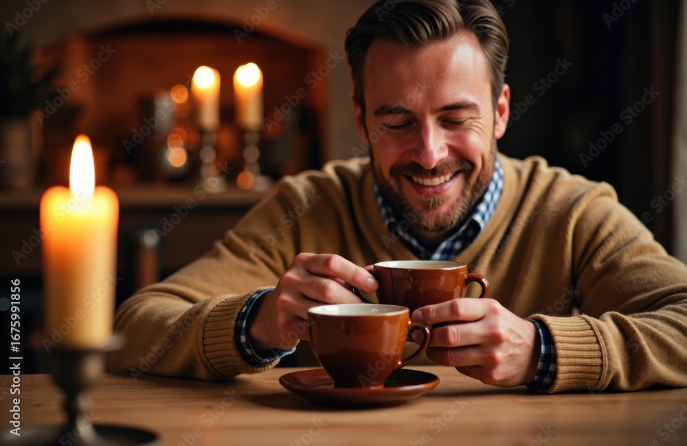 Poster man enjoying a warm drink in a cozy, candlelit setting with a joyful expression
