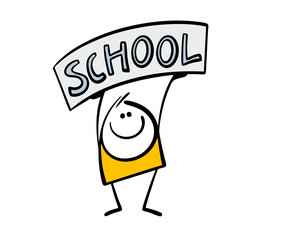 Cartoon happy child holds a banner above his head, attracts attention. Vector illustration of a student enjoying school. Funny character and useful information.
