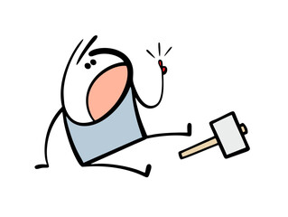 Unfortunate stickman hammered nails and injured his finger. Vector illustration of a master striking with cartoon hammer. He screams in pain, suffering on the floor.