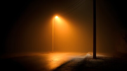 A solitary streetlight illuminates a foggy night, casting an amber glow on the misty road.