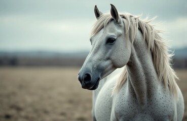 Obraz premium A white horse standing in an open field with a cloudy sky in the background