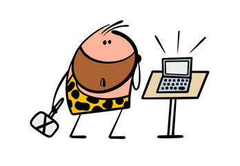 Cartoon prehistoric wild man from a tribe dressed in animal skins and holding an axe looks at a laptop in confusion. Vector illustration of computer and new technologies.