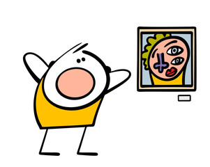 Stickman looks at modern art in horror. Vector illustration exhibition at the museum, funny portrait in the avant-garde style. A visitor on a guided tour, oil painting.