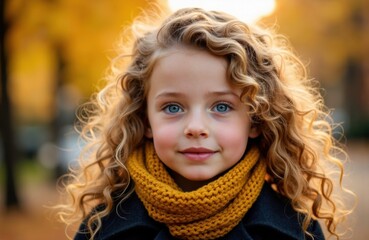 Fototapeta premium A young girl with curly blonde hair and bright blue eyes outdoors in autumn sunlight