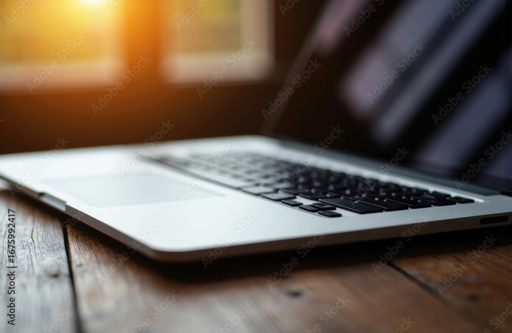 Poster laptop computer resting on a wooden surface with sunlight streaming through a window in the backgrou