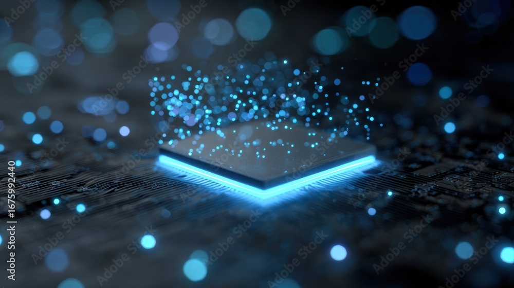 Poster a futuristic digital interface with glowing particles and a sleek design, ideal for tech-related pro