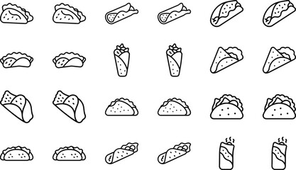 Food and Drink Icon Set, Fast Food Outline Vector, Snack, Burger, Sandwich, Wrap, Taco, Soda, Juice, Line Art Icons Collection for Restaurant, Cafe, Delivery and Menu Design