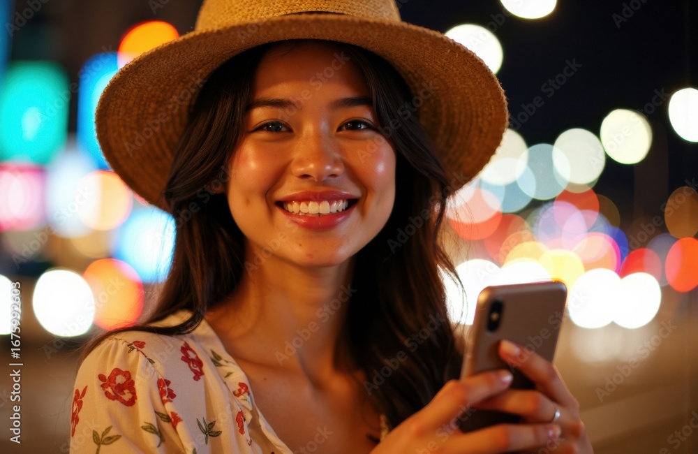 Poster woman smiling while using a smartphone at night with colorful bokeh lights in the background
