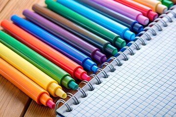 Fototapeta premium A colorful array of felttip pens laid out on a spiralbound notebook, ready for drawing and creativity
