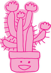 Cute pink happy flower pot with pink cacti with flowers. Hand drawn doodle children drawings. Cute kids background for your design. Vector cartoon elements. Pink curved lines