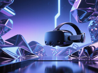 Black virtual reality headset placed in a glowing neon purple futuristic environment with metallic elements. Concept of immersive technology, augmented reality, metaverse, gaming, and digital