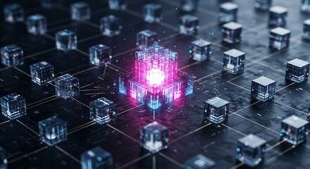 Central glowing core connecting a network of transparent cubes