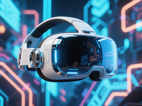 Modern virtual reality headset with glossy blue visor and futuristic neon background. Concept of immersive technology, gaming, metaverse, augmented reality, and digital innovation. - Powered by Adobe