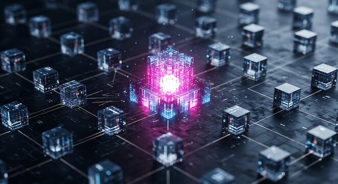 Central glowing core connecting a network of transparent cubes