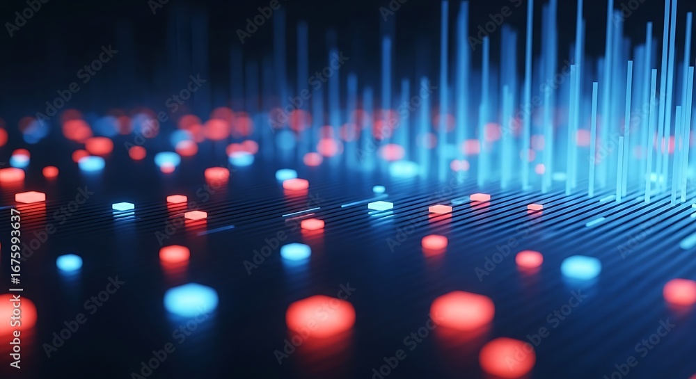 Poster abstract digital data visualization with glowing blue and red elements, tote bag mockup, canvas tote