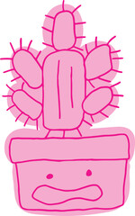 Pink flower pot with scared face with pink cactus in it with thorns. Hand drawn doodle children drawings. Cute kids background for your design. Vector cartoon elements. Pink curved lines