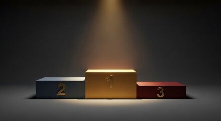 A Podium with Numbers 1, 2, and 3 Under a Spotlight on a Dark Background, Indicating Achievements, A Professional Podium with the Ranking Numbers 1, 2, and 3 in a Dark, Lit Setting