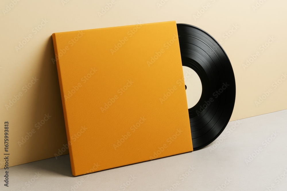 Aufkleber vinyl record partially out of orange sleeve on minimal background with clean design and empty copysp
