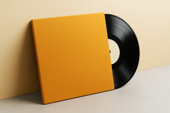 Vinyl record partially out of orange sleeve on minimal background with clean design and empty copyspace for branding or promotional use. - Powered by Adobe