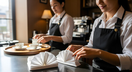 Fototapeta premium Two asian waitresses preparing coffee cups and napkins on counter in cafe, getting ready for customers with a warm and inviting atmosphere.