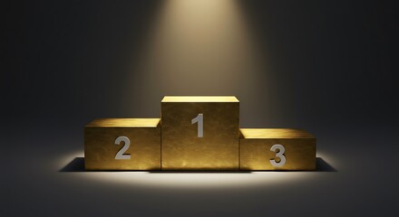 A gold winners podium with spot light shining on the first place platform,Symbol of success concept with golden three level winner podium on a dark background
