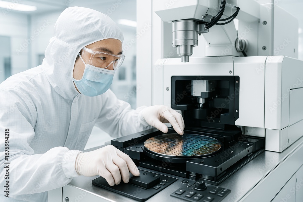 Poster scientist in cleanroom suit examining semiconductor wafer with microscope in high-tech lab environme